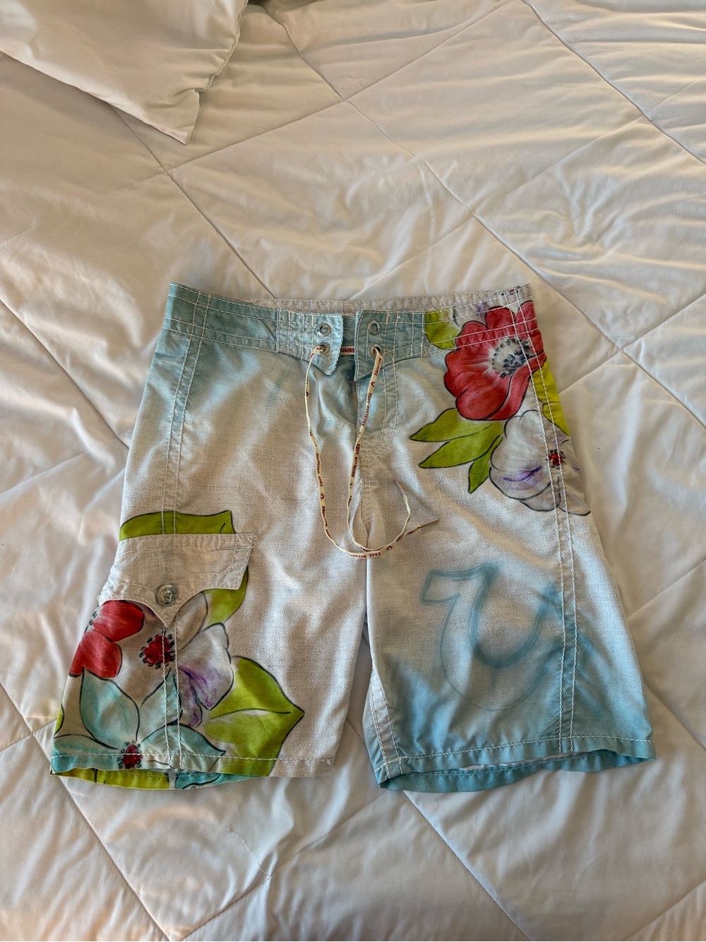True Religion Light Blue and White Surf Label Swim Shorts